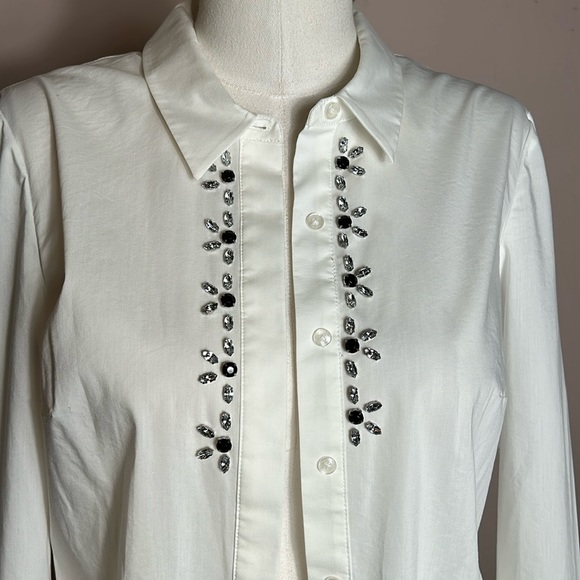 Laundry by Shelli Segal Rhinestone Embellished Cotton White Button Down Shirt 8 - Picture 3 of 15